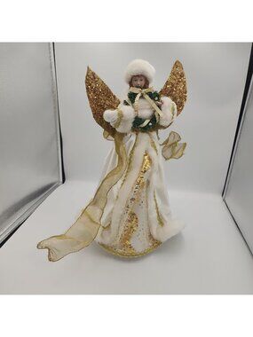 Holiday Home 17" Caucasian Christmas Angel w/White Fur & Gold Metallic Accents